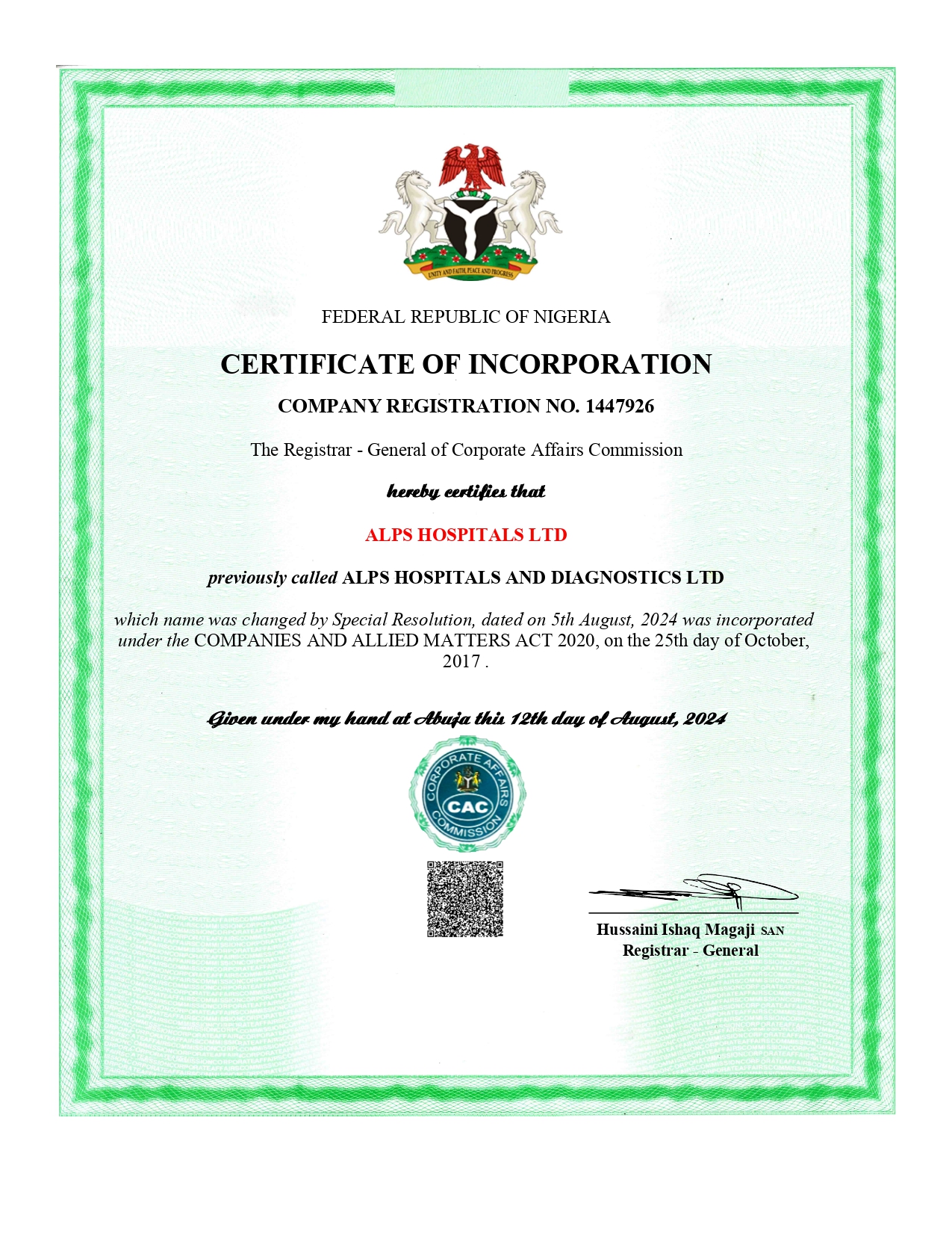 Alps Hospitals new certificate